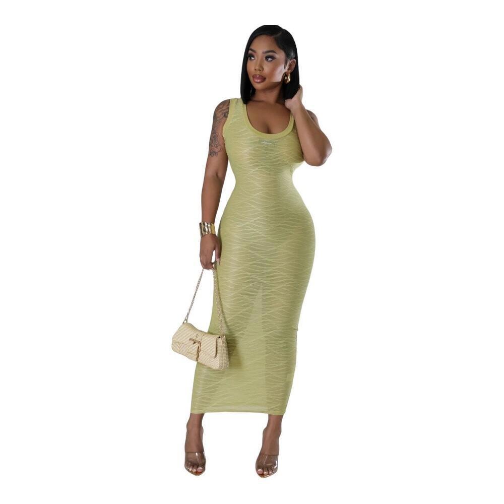 Goodtimeusa Dress Women M Lime Green Maxi Bodycon Sleeveless Wavy Textured Knit